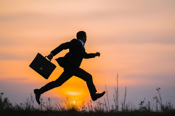Silhouette of Businessman Running with Briefcase Against a Dramatic Sunset, motion blur Business concept, motion bokeh background