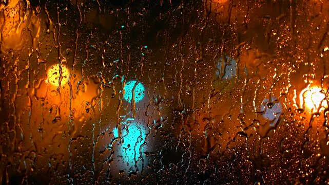 View Through the Room Window with Raindrops to the Blurred Car Lights and Street Lighting on City Streets. Rainstorm in the City. Blurred City Night Illumination Through the Home Window with Raindrops