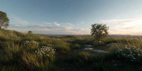 Panoramic 360 degrees view of nature landscape with hdr hdri elements at sunset