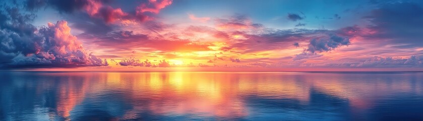 A breathtaking panoramic view of a vibrant sunset reflecting on the calm waters of a tropical sea