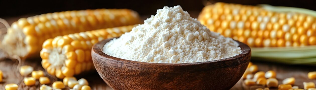 A bowl of fine white cornflour alongside fresh corn on the cob, highlighting culinary uses and food processing