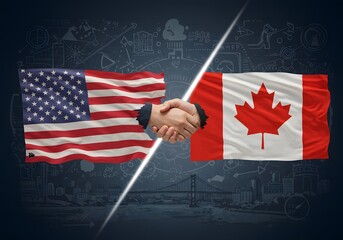 US Canada Handshake Agreement Partnership, Business, Trade, Diplomacy, Flags, Relationship.
