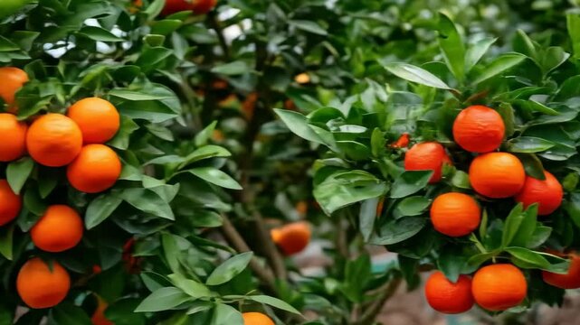 Tangerine trees full of ripe fruit are seen in a greenhouse setting. The citrus fruits and orchard signify fresh produce and agricultural growth.