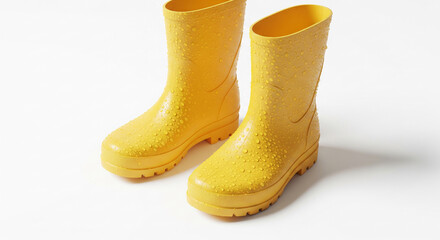 Yellow rain boots with water droplets, showcasing a waterproof texture on a white background, representing protection and preparedness for rainy weather.  Free space for text