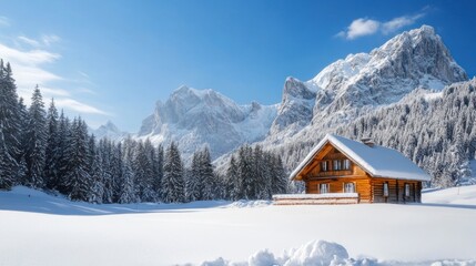 Snowy mountain chalet winter scene