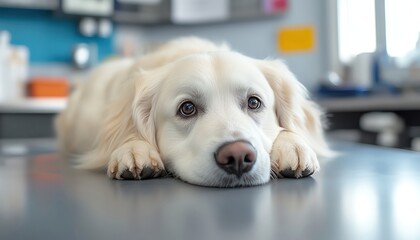 A White dog resting sadly on an examination table at a veterinary clinic
