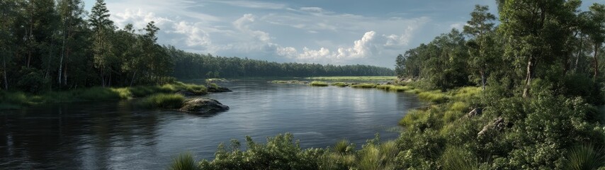 Panoramic 360 degrees hdr nature scene at tranquil riverbank lush green environment