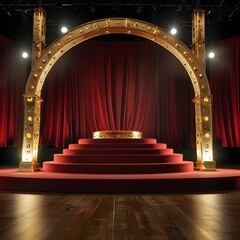 A grand and ornate stage setting is centered around a multi-tiered circular platform, carpeted in deep red, leading up to a central point. Behind this, rich red velvet curtains are draped, and an elab