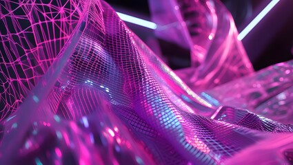 Futuristic abstract mesh forms in pink neon lighting with fluid, tech-inspired design.