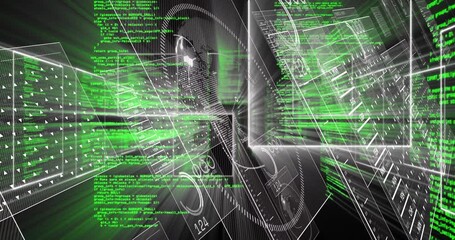 Green code streaming triggers camera advancing with wireframe panels rotating, revealing deep data - Powered by Adobe
