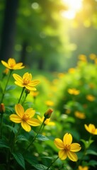 Fototapeta premium Sunlight dapples vibrant yellow jessamine blossoms amidst lush green wilderness , macro photography, macro