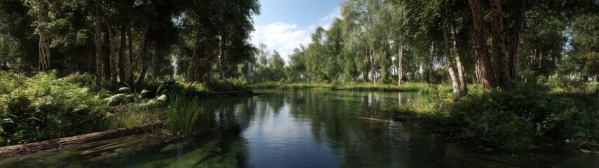 Panoramic 360 degrees view of serene river in nature hdr landscape tranquil environment