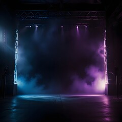 A concert or event stage is engulfed in dense fog, pierced by multiple spotlights casting a cool blue and purple light. The stage itself is dark, with the beams of light creating sharp, visible column