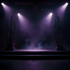 A dramatic stage is illuminated by spotlights casting a purple-pink glow through a misty or foggy atmosphere. The stage is dark, with a light haze obscuring the back, creating a sense of depth and mys