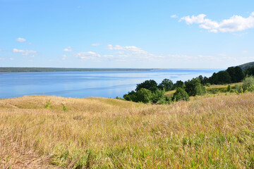 Scenic view of a calm lake with dry grass foreground under a clear blue sky
