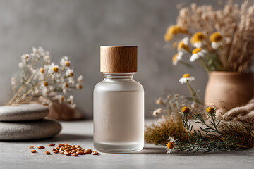 Eco-friendly cosmetic product mockup, frosted glass bottle with wooden cap. Stones, camomile and herbals on the grey background. Product demonstration, advertisment