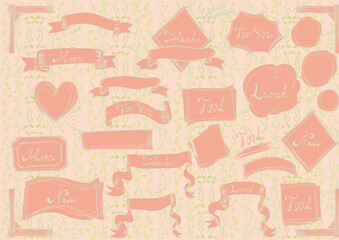 手描き文字入り レトロ風リボン＆ラベル素材セット2 Retro Ribbon and Label Set with Handwritten Text（Menu, Food, Lunch...）