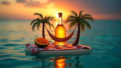 Tropical paradise island with palm trees fruit and a bottle of drink at sunset on the ocean