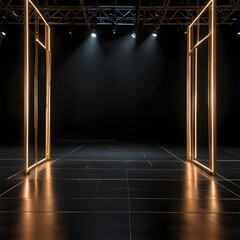 A minimalist and modern stage setting is framed by a square or rectangular golden light frame. The stage itself is dark and appears to be made of a textured, possibly concrete or stone, material. Seve