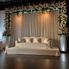 An elegant wedding or event stage is beautifully decorated with flowing white or cream-colored sheer drapes forming a soft backdrop. The drapes are adorned with lush white and green floral arrangement