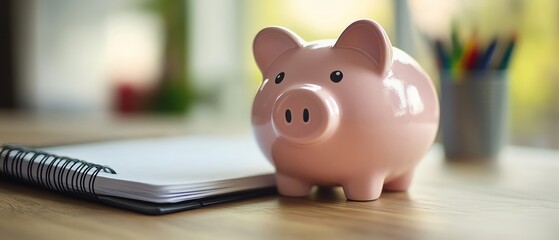 Piggy bank on desk beside open planner