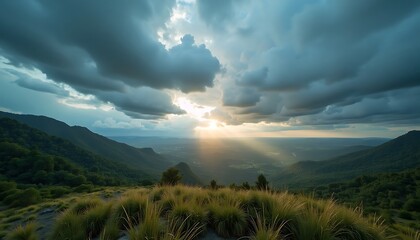 Overlooking Green Valley at Sunset with Dramatic Cloudy Sky