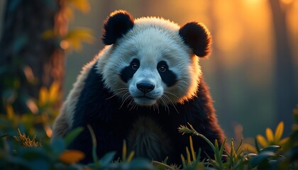 Panda Sitting in Forest at Sunset Looking Forward
