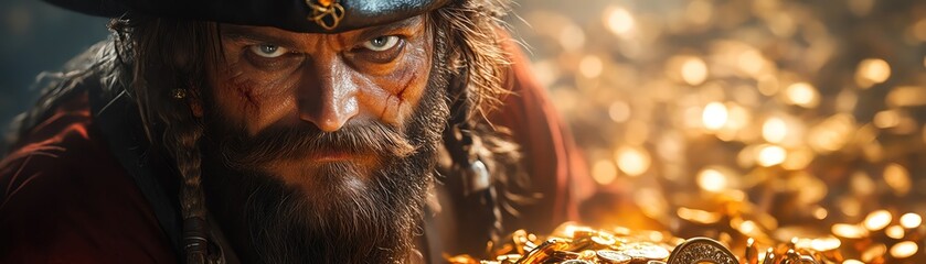 Pirate captain standing on pile of treasure