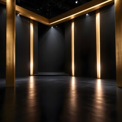A dark and luxurious interior setting features a prominent architectural framework of vertical golden pillars or illuminated panels against deep black walls. The golden elements are brightly lit, cast