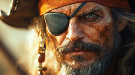 Pirate captain with eyepatch and saber on treasure island