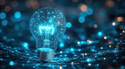 Blue Light Bulb Network featuring glowing light bulb icon with connected digital lines representing ideas and technology innovation