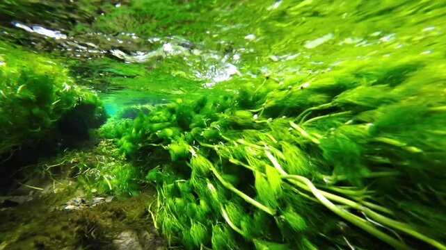 Klares, str&ouml;mendes Quellwasser mit Unterwasserpflanzen, Bach, Trinkwasser, Unterwasseraufnahme