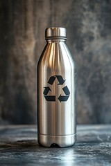 Recycle symbol on reusable metal water bottle