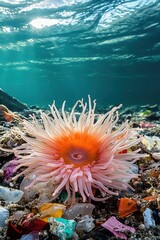 Sea anemone covered in bits of plastic litter