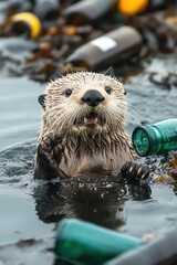 Sea otter playing with floating bottle debris