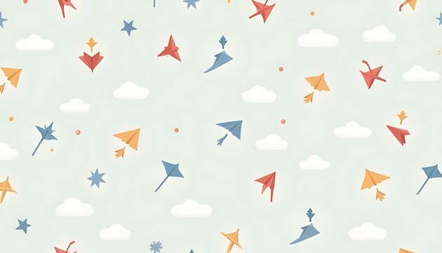 Paper Airplane and Cloud Seamless Pattern on Light Blue Background