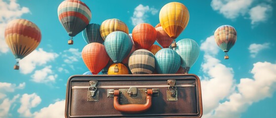 Suitcase full of colorful hot air balloons ready to rise