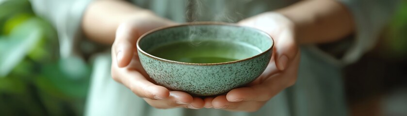 Tea ceremony with hands holding warm green tea bowl