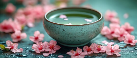 Teacup of green tea surrounded by sakura petals