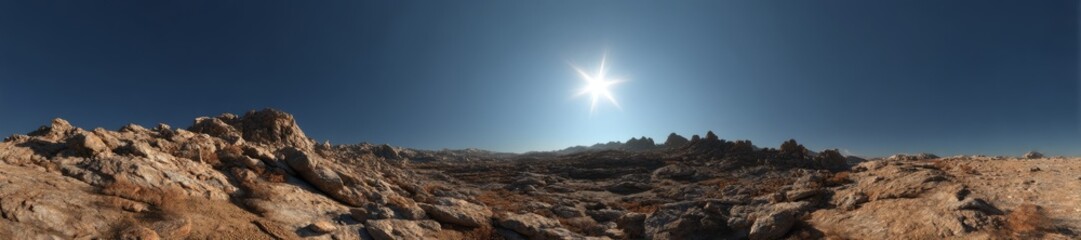 Stunning 360 degrees hdr panorama of rocky landscape under bright sunlight desert environment