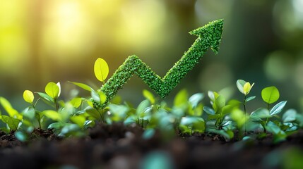 Upward arrow made of leaves above green bars