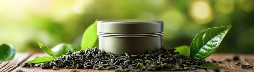 Vintagestyle green tea tin surrounded by loose leaves