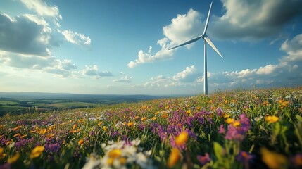 Wind turbine framed by wildflowers in foreground