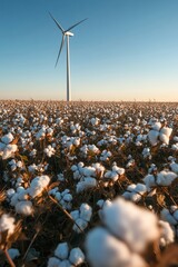 Wind turbine among cotton fields with clear sky