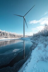 Wind turbines spinning near icy lake in winter