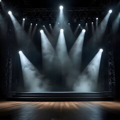 A stage is intensely lit by numerous bright white spotlights, creating a powerful and focused illumination. The beams of light project downwards, highlighting the stage floor and creating sharp contra