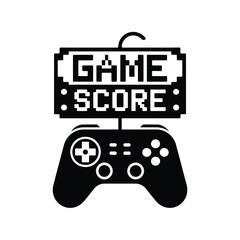Retro video game controller with pixelated game score display screen