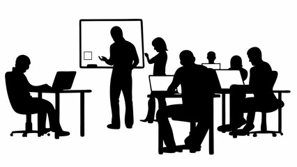 Silhouette illustration of a group of people in a training session with laptops and a whiteboard diagram