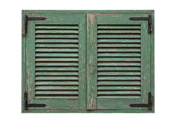 Weathered green shutters with peeling paint evoke a rustic charm, featuring textured wood and aged metal hinges against a transparent background.