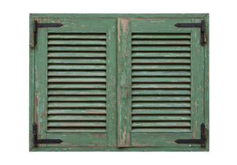 Weathered green shutters with peeling paint evoke a rustic charm, featuring textured wood and aged metal hinges against a transparent background.